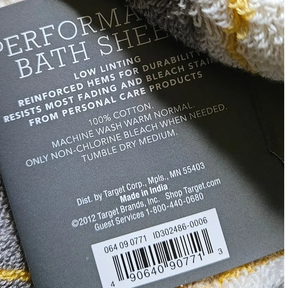 NWT Threshold Performance Striped Yellow Gray Bath Sheet 33 x 63 Oeko-Tex